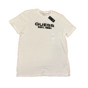 Guess Eco Men White Crewneck Embroidered  Velvet Logo Tee Size XL